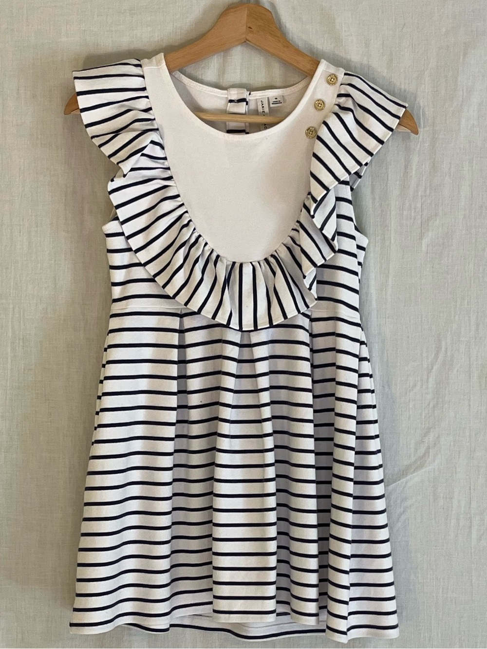 Janie and Jack White Dress with Navy Stripes and Gold Button Ruffle Collar
